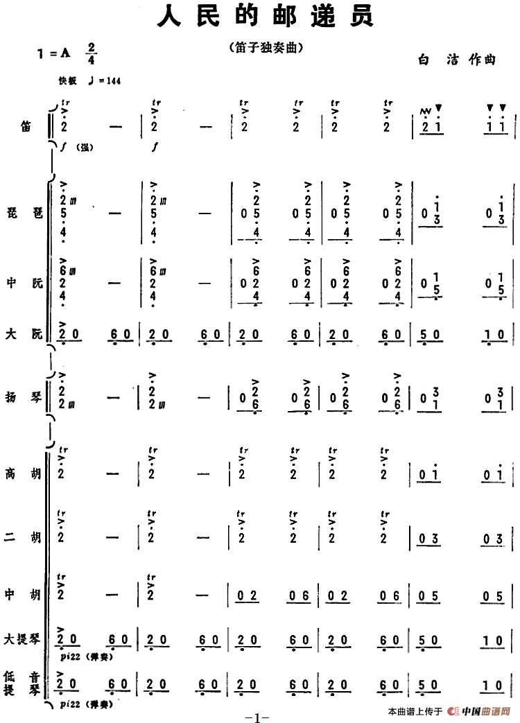 人民的邮递员（笛子独奏+乐队伴奏曲总谱）(1)：人民的邮递员（笛子独奏+乐队伴奏曲总谱）白洁作曲.png