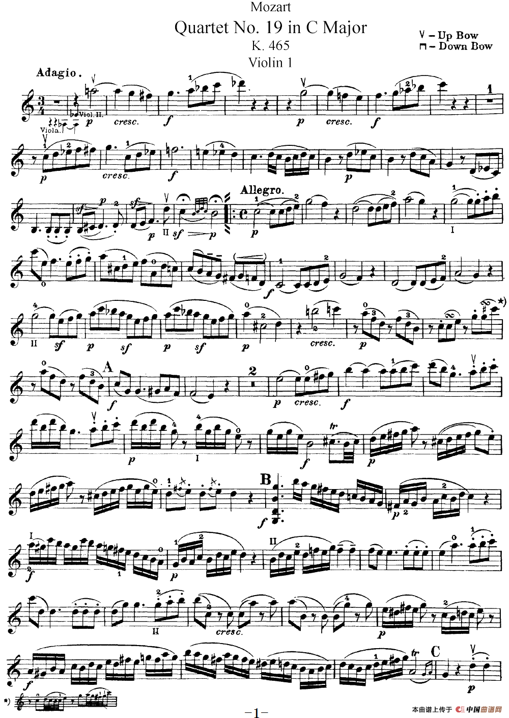 Mozart《Quartet No.19 in C Major,K.465》（Violin 1分谱）(1)：Mozart《Quartet No.19 in C Major,K.465》(Violin 1分谱)_00.png