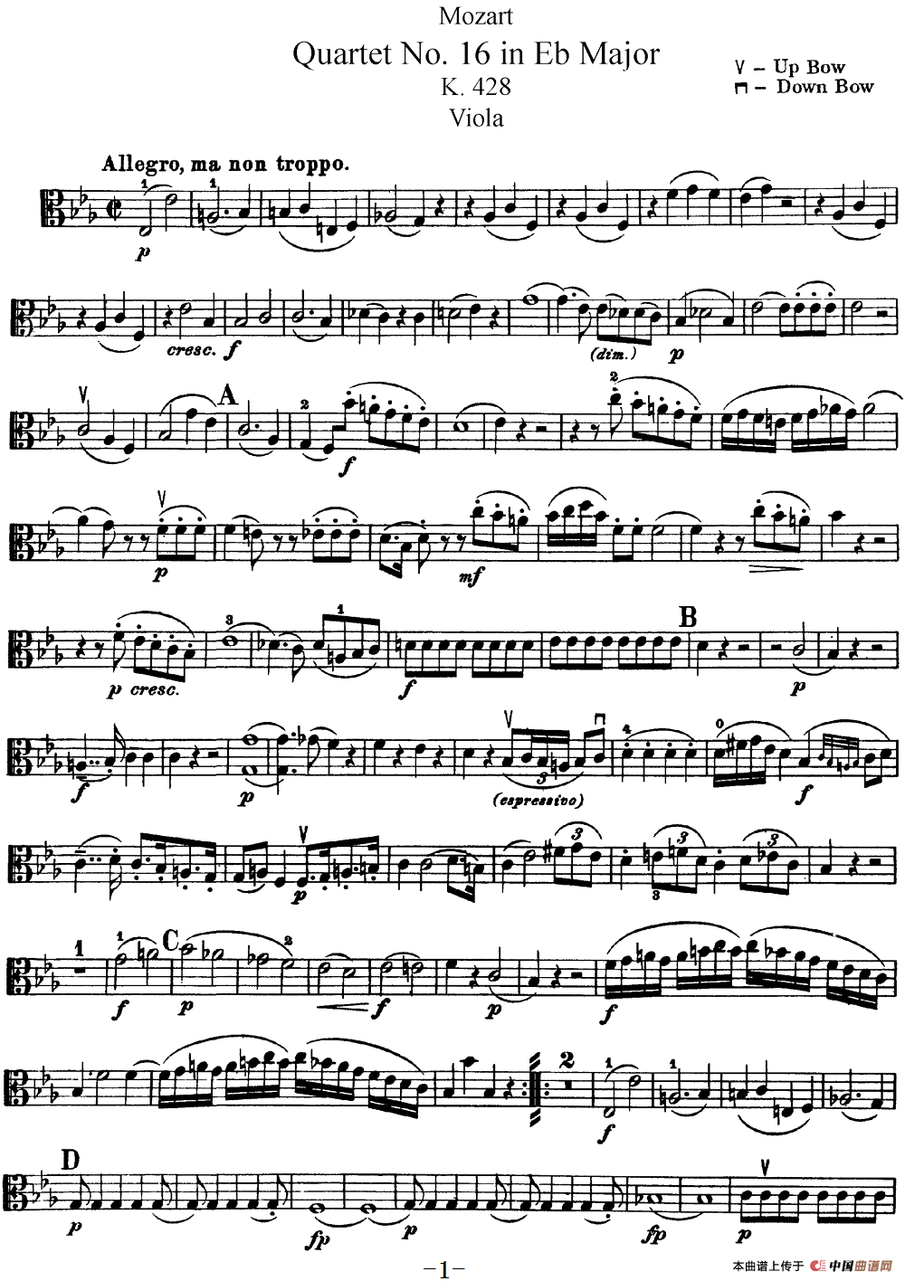 Mozart《Quartet No.16 in Eb Major,K.428》（Viola分谱）(1)：Mozart《Quartet No.16 in Eb Major,K.428》(Viola分谱)_00.png