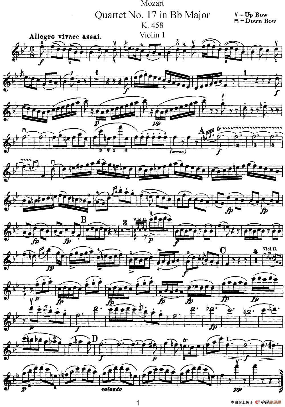 Mozart《Quartet No.17 in Bb Major,K.458》（Violin 1分谱）(1)：Mozart《Quartet No.17 in Bb Major,K.458》(Violin 1分谱)_00.png