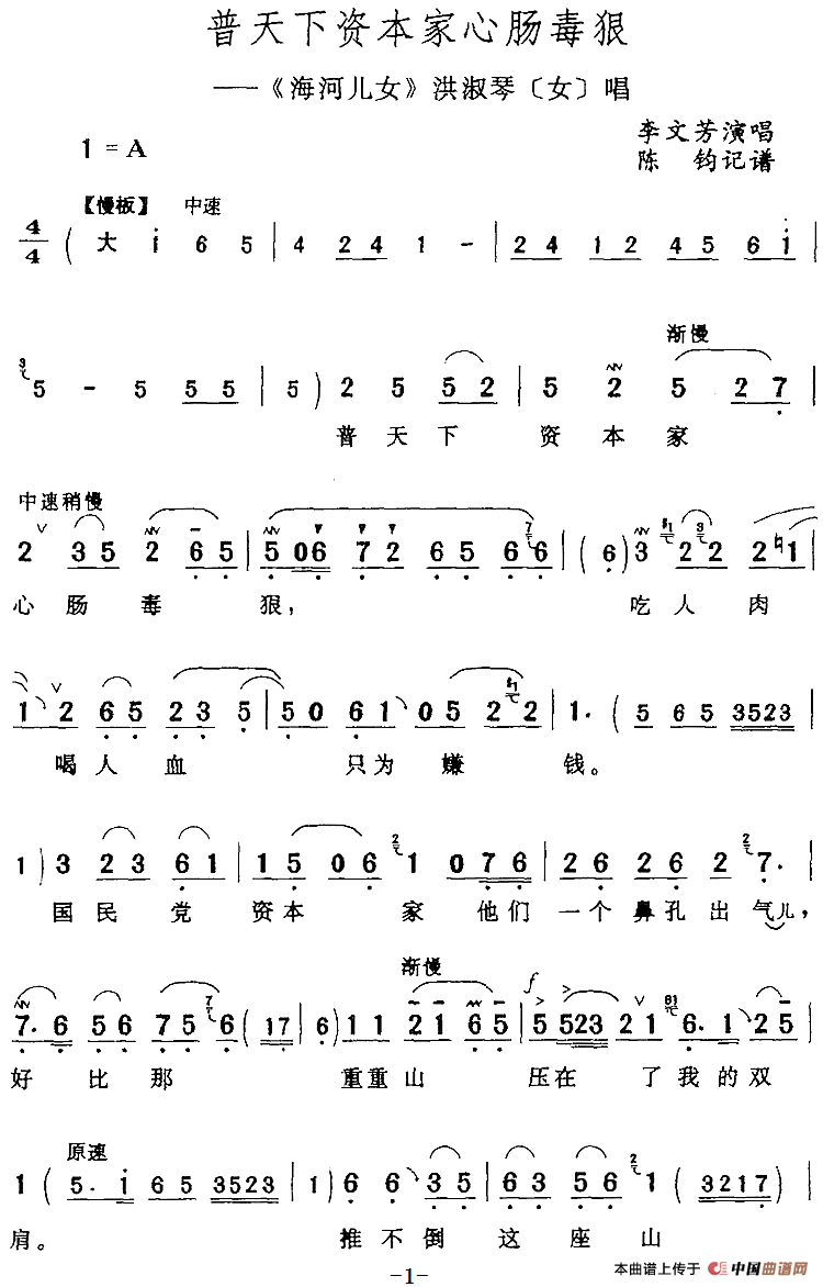 普天下资本家心肠毒狠（《海河儿女》洪淑琴[女]唱段）(1)：普天下资本家心肠毒狠（《海河儿女》洪淑琴[女]唱段）李文芳演唱 陈钧记谱250.png