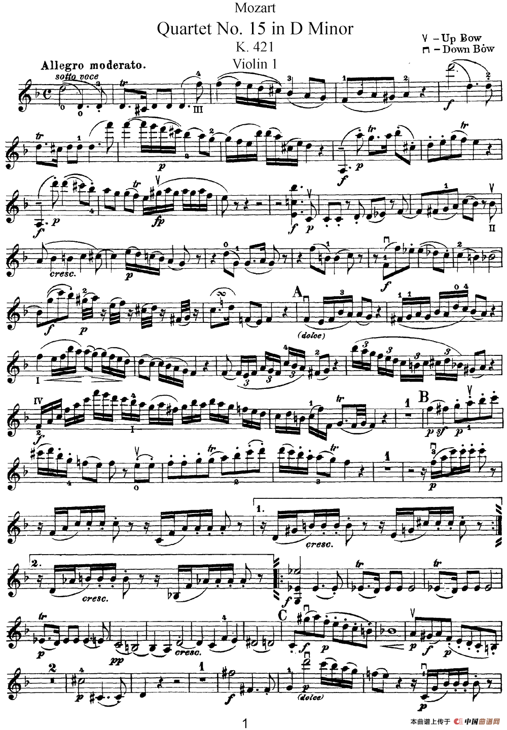 Mozart《Quartet No.15 in D Minor,K.421》（Violin 1分谱）(1)：Mozart《Quartet No.15 in D Minor,K.421》(Violin 1分谱)_00.png