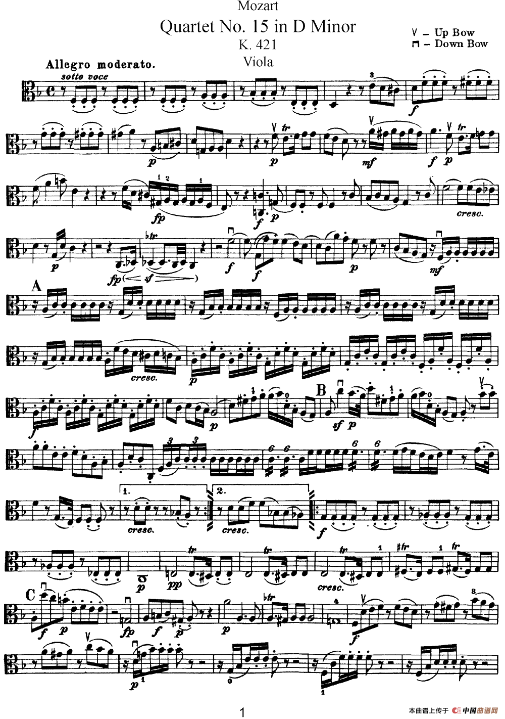 Mozart《Quartet No.15 in D Minor,K.421》（Viola分谱）(1)：Mozart《Quartet No.15 in D Minor,K.421》(Viola分谱)_00.png