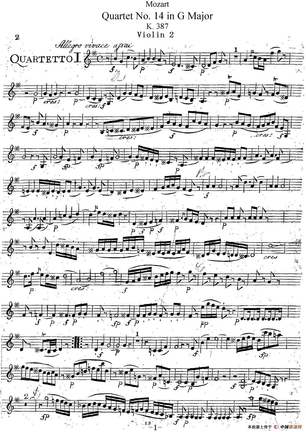 Mozart《Quartet No.14 in G Major,K.387》（Violin 2分谱）(1)：Mozart《Quartet No.14 in G Major,K.387》(Violin 2分谱)_00.jpg