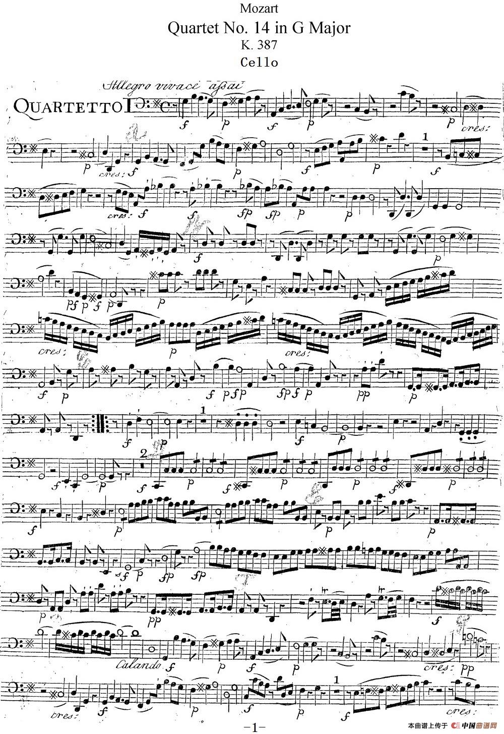 Mozart《Quartet No.14 in G Major,K.387》（Cello分谱）(1)：Mozart《Quartet No.14 in G Major,K.387》(Cello分谱)_00.jpg