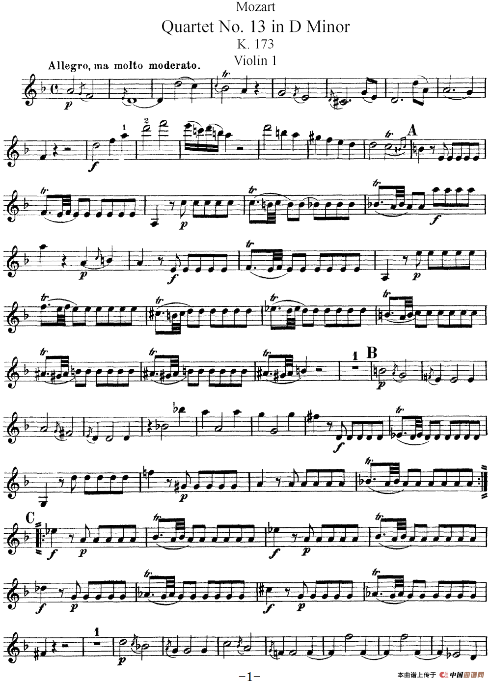 Mozart《Quartet No.13 in D Minor,K.173》（Violin 1分谱）(1)：Mozart《Quartet No.13 in D Minor,K.173》(Violin 1分谱)_00.png