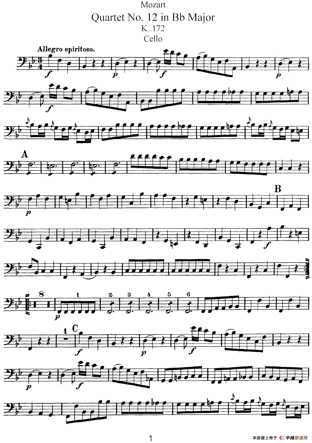 Mozart《Quartet No.12 in Bb Major,K.172》（Cello分谱）(1)：Mozart《Quartet No.12 in Bb Major,K.172》(Cello分谱)_00.png