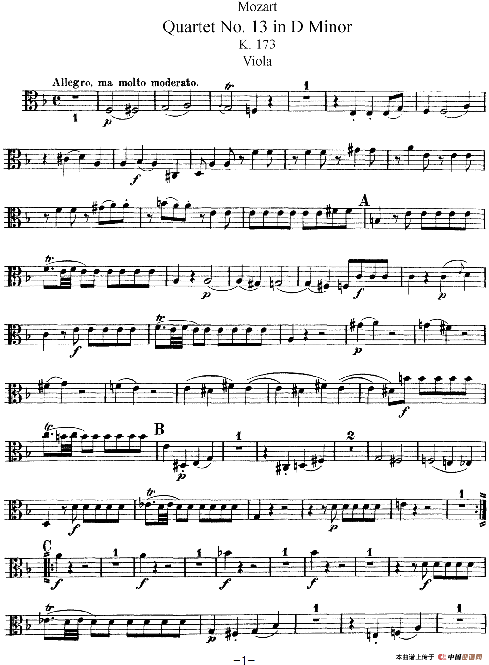 Mozart《Quartet No.13 in D Minor,K.173》（Viola分谱）(1)：Mozart《Quartet No.13 in D Minor,K.173》(Viola分谱)_00.png