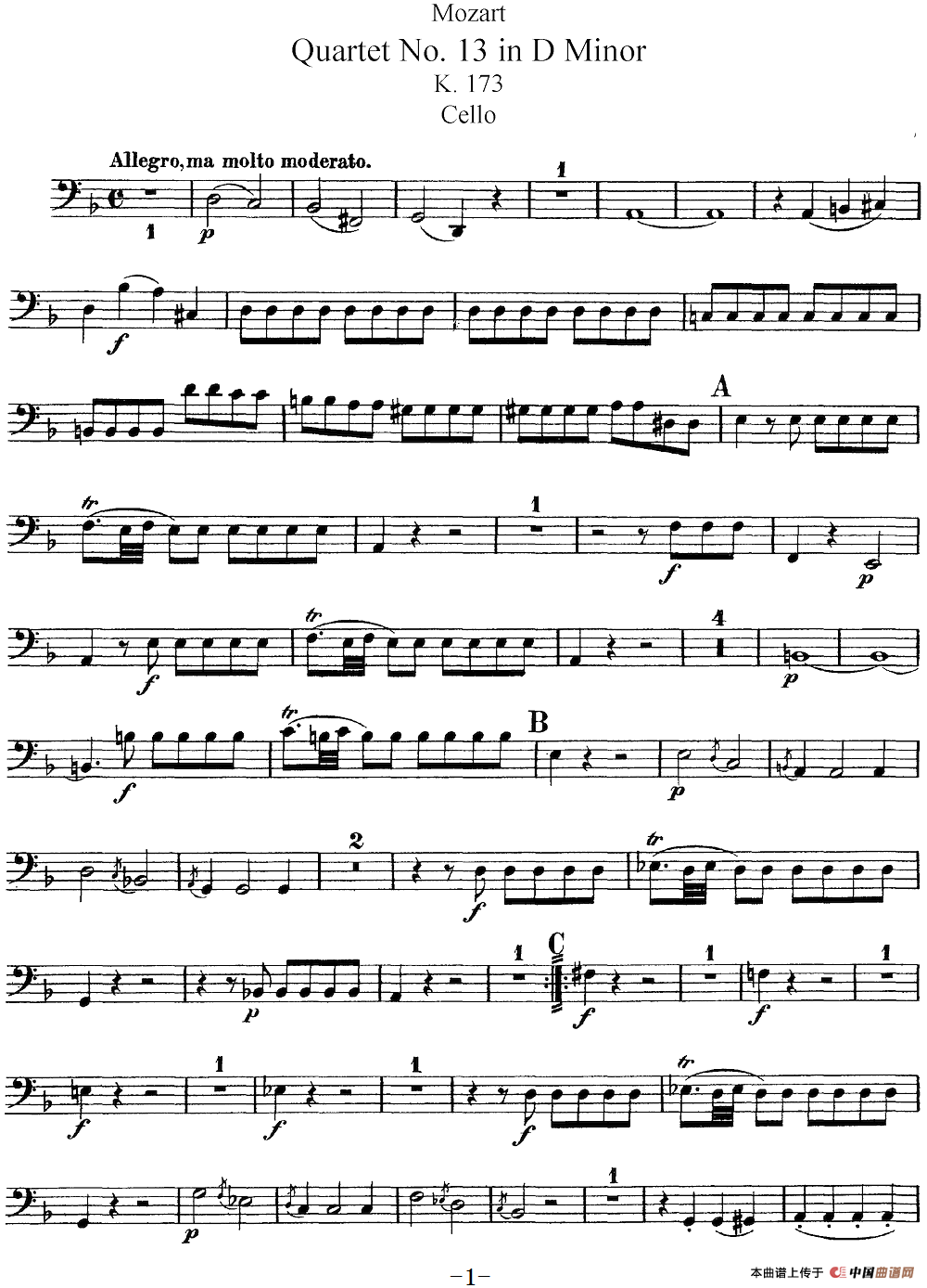 Mozart《Quartet No.13 in D Minor,K.173》（Cello分谱）(1)：Mozart《Quartet No.13 in D Minor,K.173》(Cello分谱)_00.png
