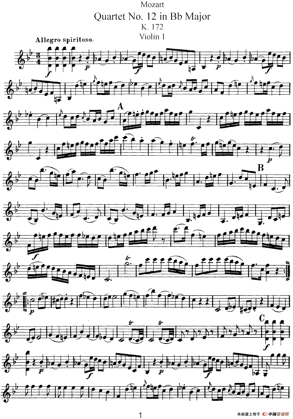 Mozart《Quartet No.12 in Bb Major,K.172》（Violin 1分谱）(1)：Mozart《Quartet No.12 in Bb Major,K.172》(Violin 1分谱)_00.png
