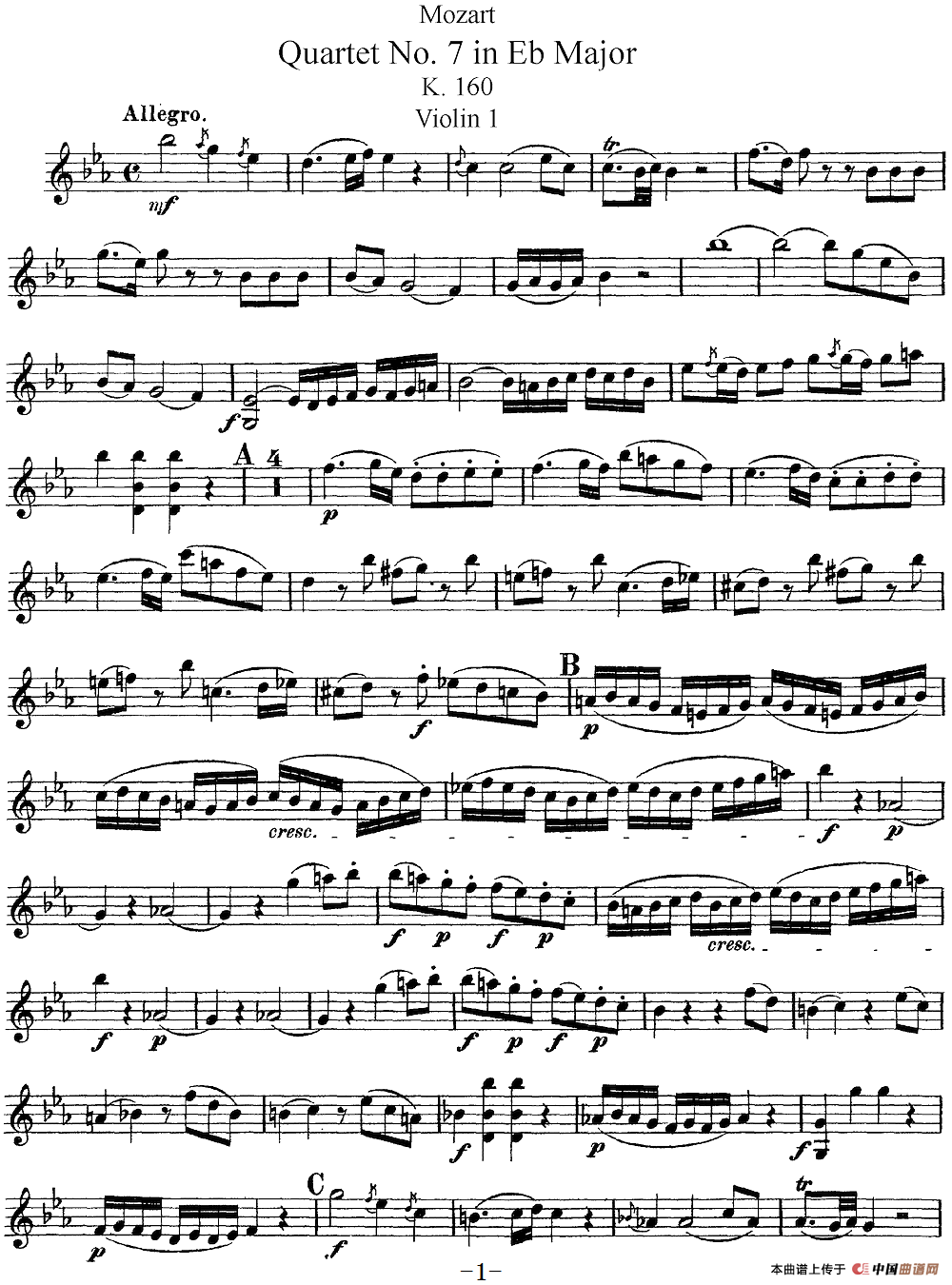 Mozart《Quartet No.7 in Eb Major,K.160》（Violin 1分谱）(1)：Mozart《Quartet No.7 in Eb Major,K.160》(Violin 1分谱)_00.png