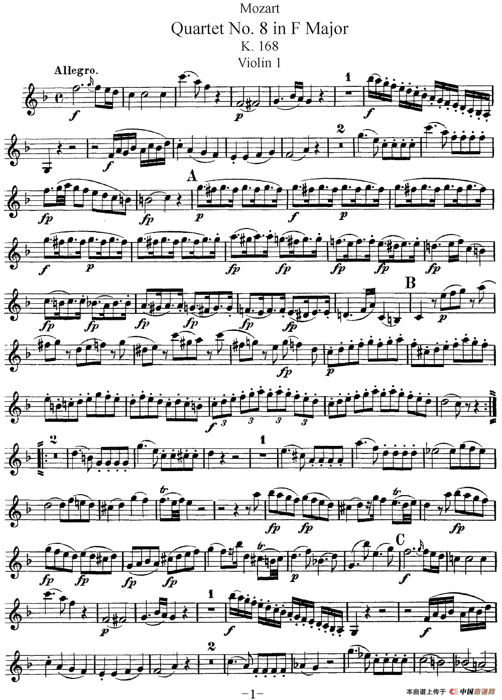 Mozart《Quartet No.8 in F Major,K.168》（Violin 1分谱）(1)：Mozart《Quartet No.8 in F Major,K.168》(Violin 1分谱)_00.png