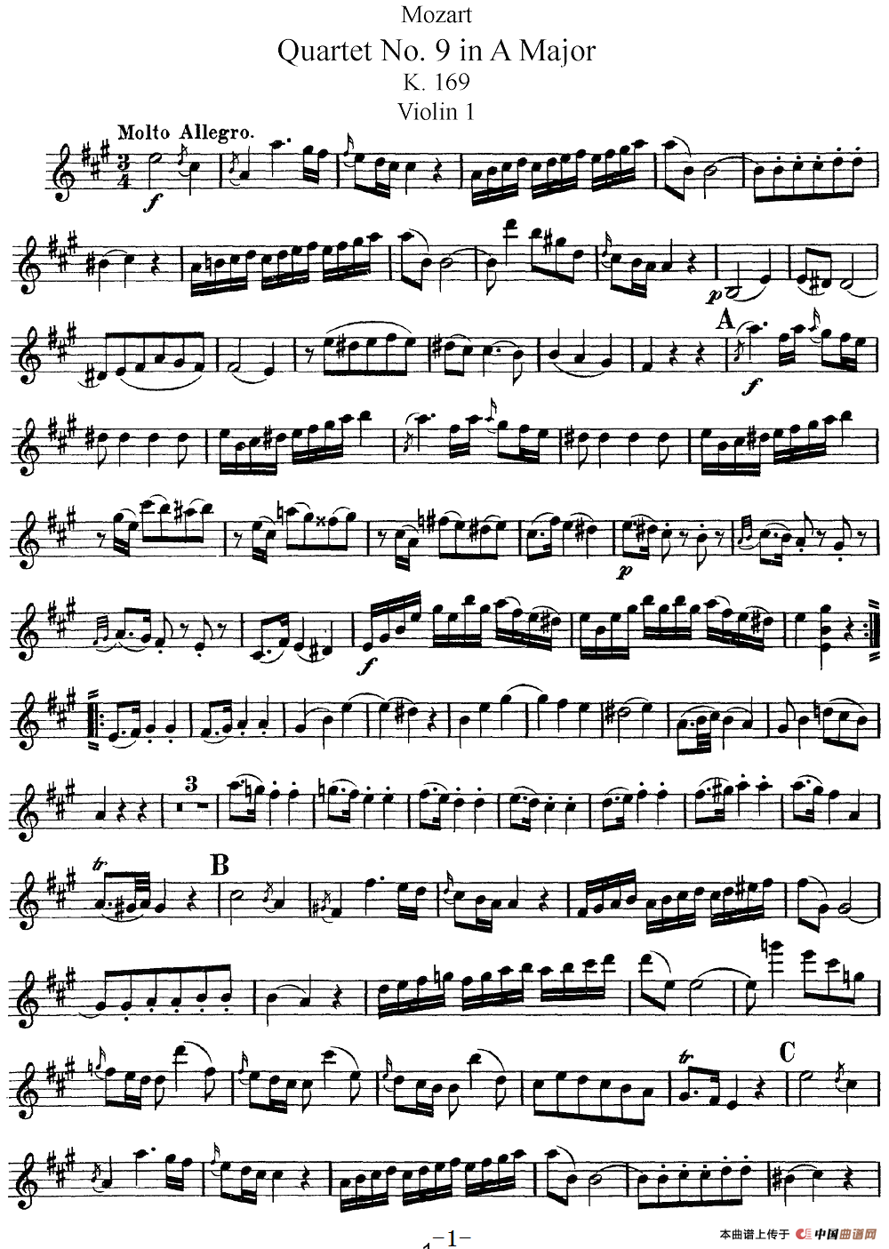 Mozart《Quartet No.9 in A Major,K.169》（Violin 1分谱）(1)：Mozart《Quartet No.9 in A Major,K.169》(Violin 1分谱)_00.png