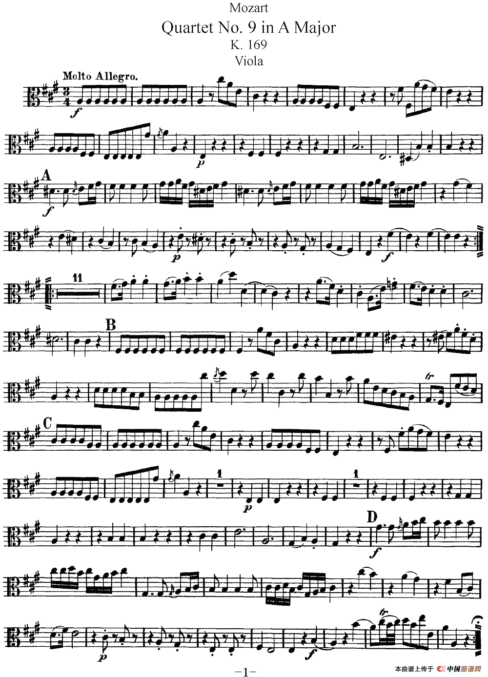 Mozart《Quartet No.9 in A Major,K.169》（Viola分谱）(1)：Mozart《Quartet No.9 in A Major,K.169》(Viola分谱)_00.png