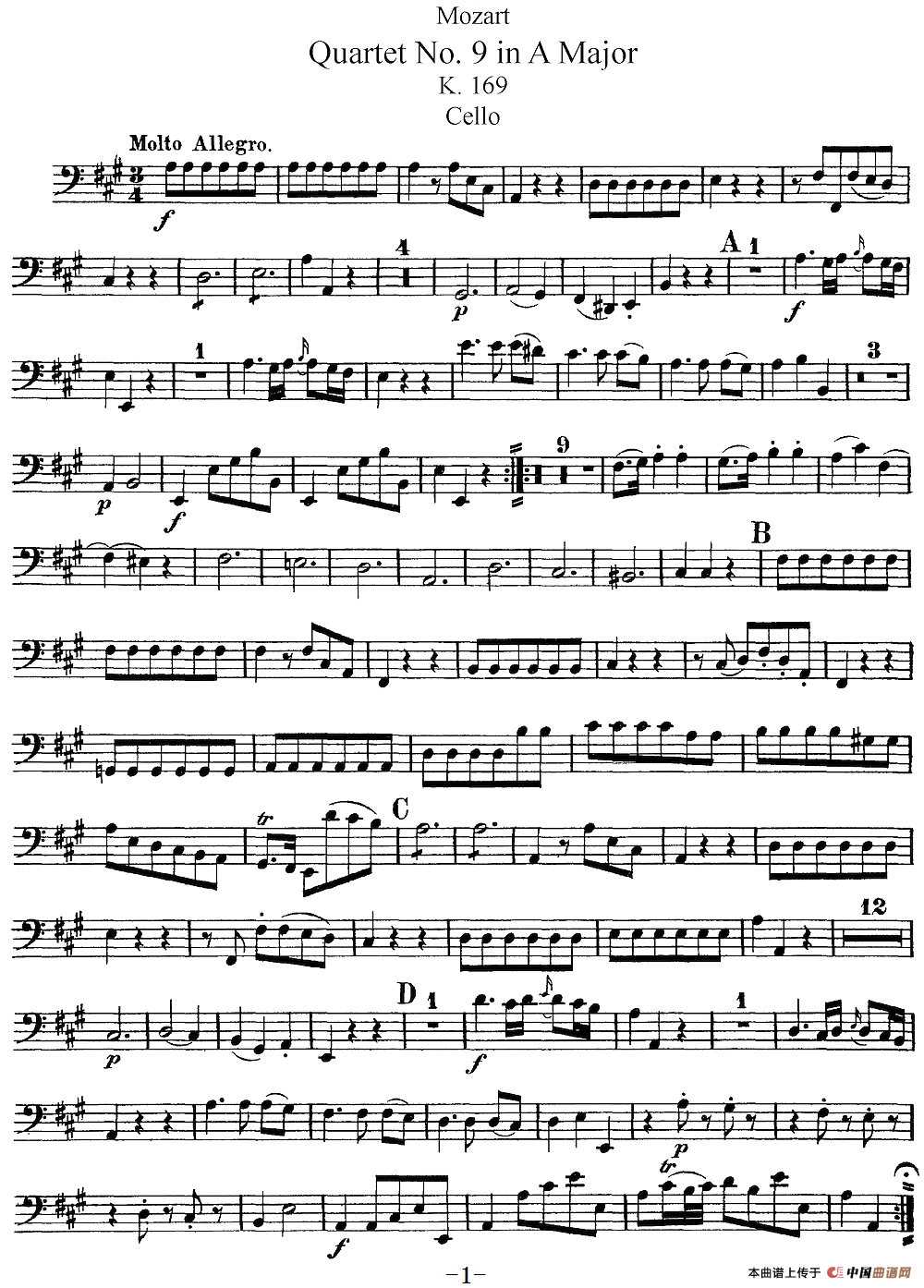 Mozart《Quartet No.9 in A Major,K.169》（Cello分谱）(1)：Mozart《Quartet No.9 in A Major,K.169》(Cello分谱)_00.png