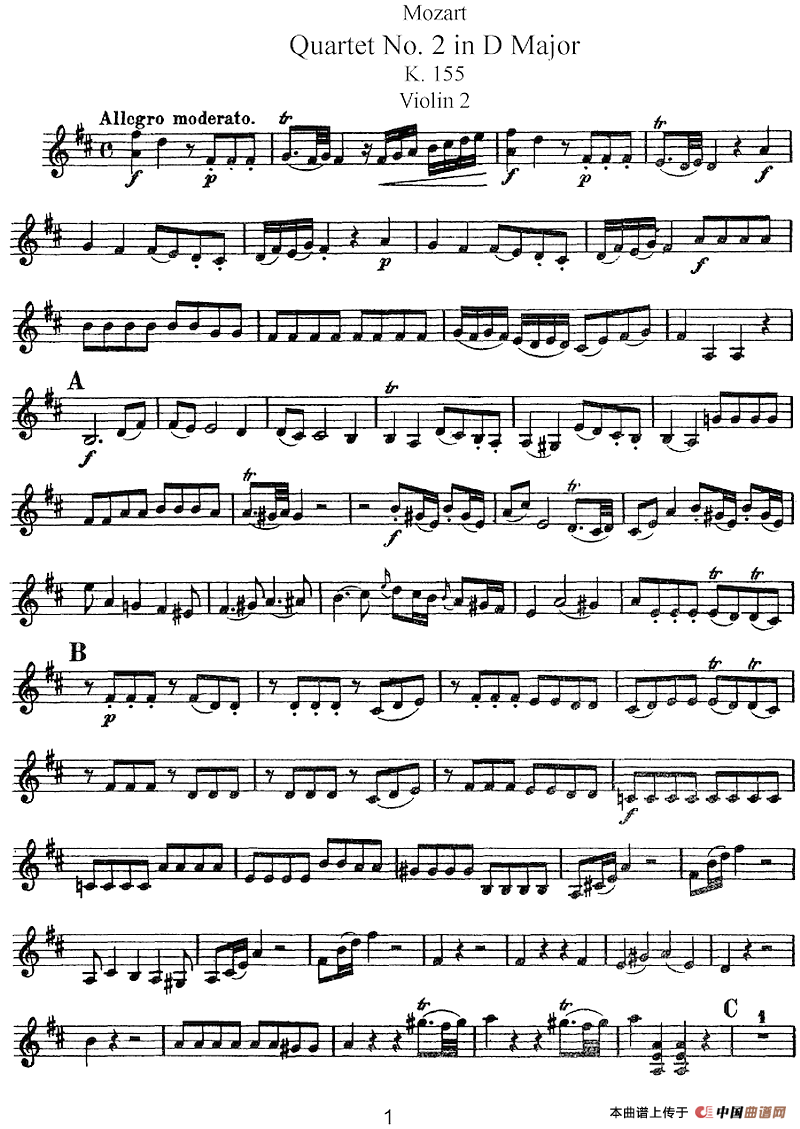 Mozart《Quartet No.2 in D Major,K.155》（Violin 2分谱）(1)：Mozart《Quartet No.2 in D Major,K.155》(Violin 2分谱)-器乐提琴_01.png