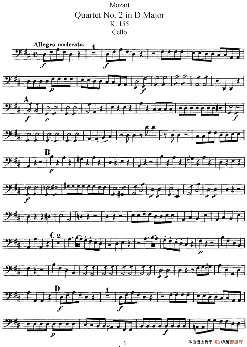 Mozart《Quartet No.2 in D Major,K.155》（Cello分谱）(1)：Mozart《Quartet No.2 in D Major,K.155》(Cello分谱)-器乐提琴_01.png