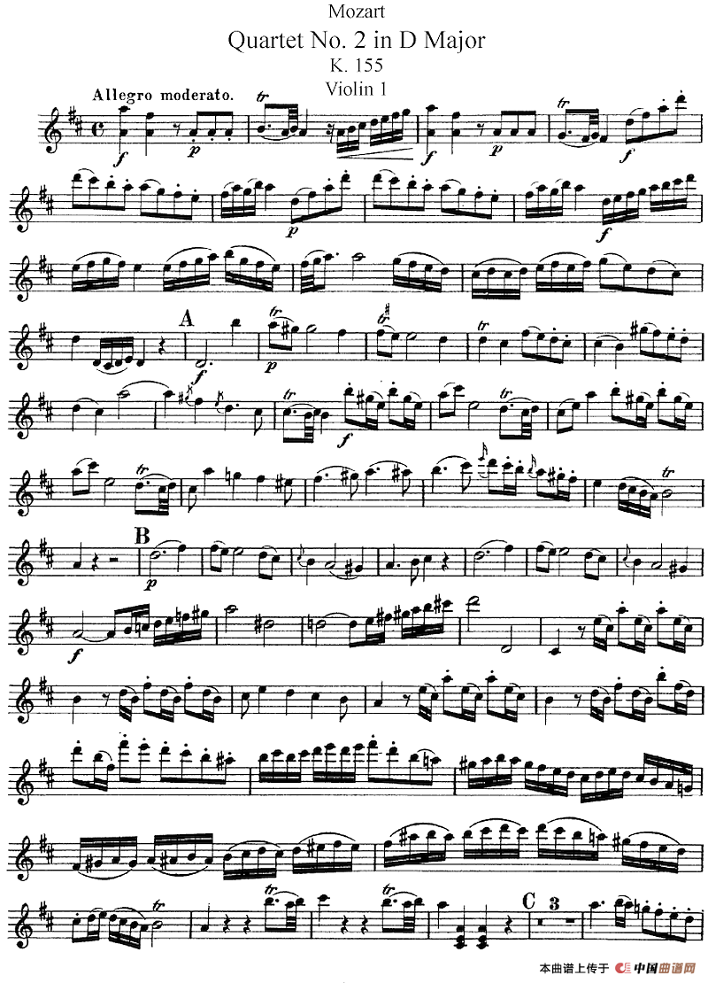 Mozart《Quartet No.2 in D Major,K.155》（Violin 1分谱）(1)：Mozart《Quartet No.2 in D Major,K.155》(Violin 1分谱)-器乐提琴_01.png